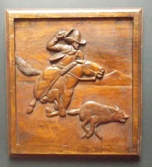 Cowboy on Horse & Wolf, Wood Relief 1937 Folk Art