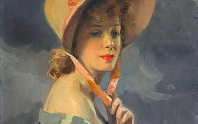 Cyprien Eugène BOULET (1877-1927) Portrait de femme au chapeau Huile sur toile signée en bas...