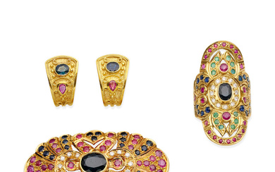 DIAMOND AND GEM-SET BROOCH/PENDANT, RING AND EARRING SUITE