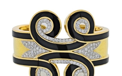 David Webb Platinum & 18K Yellow Gold Arabesque Black Enamel Diamond Cuff Bangle Bracelet