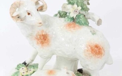 Derby group of a sheep and a lamb, circa 1760, decorated in enamels, 13cm high