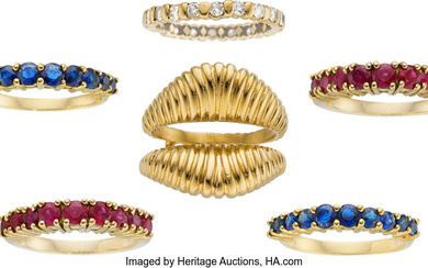Diamond, Multi-Stone, Gold Rings Stones: Round-cut sapphires weighing a...