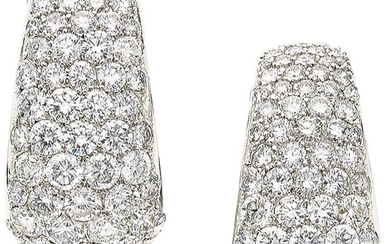 Diamond, Platinum Earrings The earrings feature full-cut diamonds weighing...