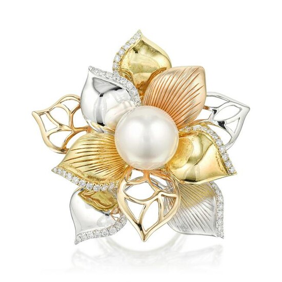Diamond and Cultured Pearl Flower Ring