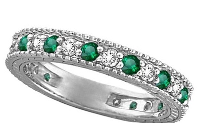 Diamond and Emerald Anniversary Ring Band in 14k White Gold 1.08 ctw