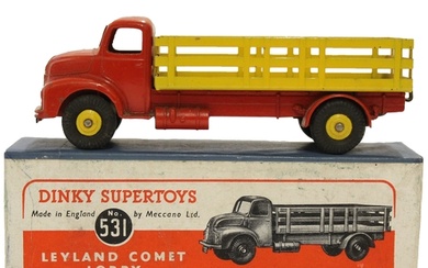 Dinky. 531 Leyland Comet Lorry, red cab and chassis, yellow ...