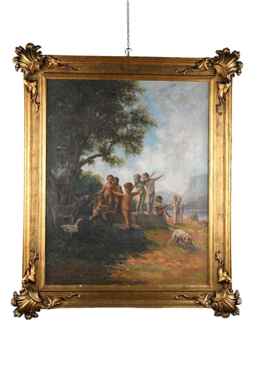 Dipinto olio su tela danza degli amorini in imponente cornice in legno dorato e intagliato del XIX secolo. Olio su tela . Cm 100x 80 . Cornice presente 130x110