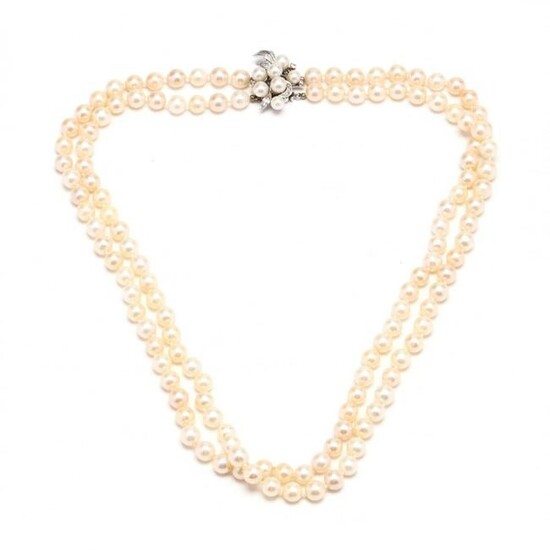 Double Strand Pearl Necklace with White Gold and