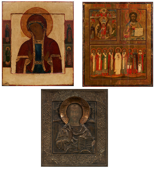 Drei Ikonen: Muttergottes / Segnender Christus / Christus mit Heiligen