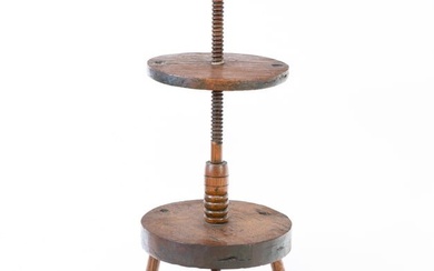 EARLY ADJUSTABLE OAK DOUBLE CANDLE STAND.
