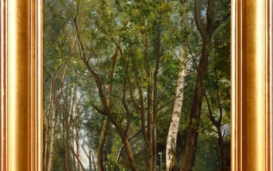 ECOLE FRANCAISE DU XIXEME SIECLE L'artiste partant peindre en forêt Huile sur toile Signé en...
