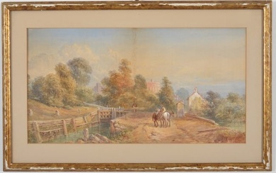 Early 19th century British school watercolor. "Windsor Lock". Landscape with figures and horses by