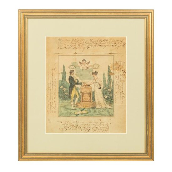 Early 19thC Framed Hand Colored Valentine & Poems