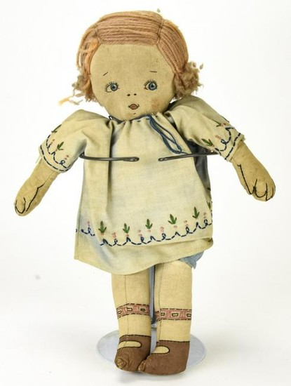 Early 20th C Painted Face Cloth Doll w Yarn Hair