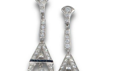 Earring. large Art Deco platinum diamond sapphire.