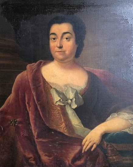 Ecole française - Ancien Portrait femme au manteau rouge