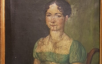 Ecole française du XIX°, « femme au clavecin », huile sur toile (accidents et restaurations)....