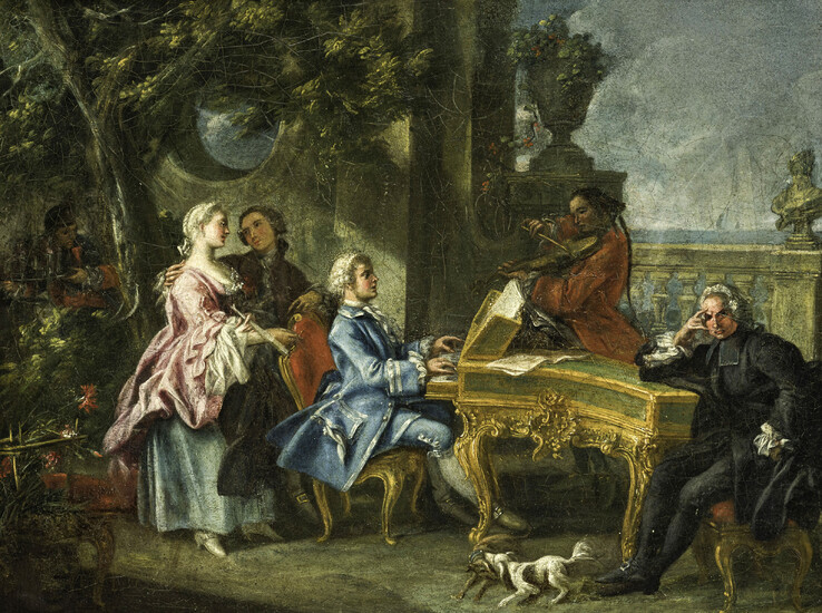Ecole italienne du XIXe s., Le concert, huile sur toile, 35,5x47,5 cm