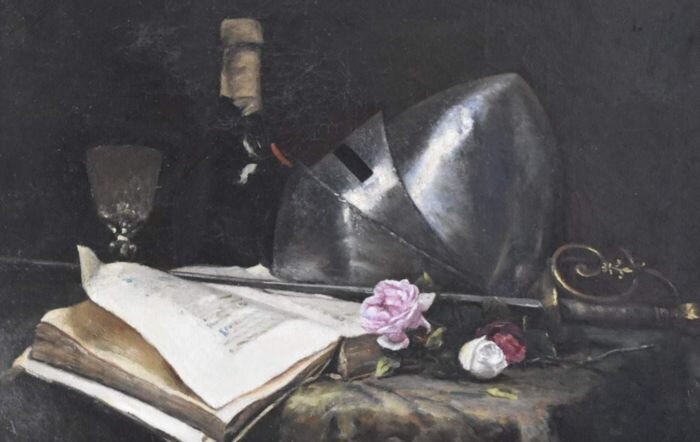 Ecole romantique - XIXe siècle - Nature morte avec une épée, un livre, une bouteille et des roses blanches et rouges