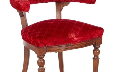 (-), Oak office chair with red velvet upholstery...
