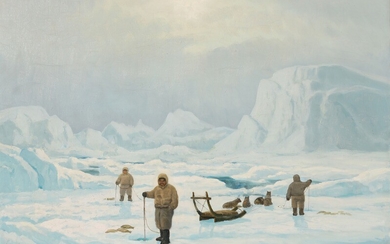 Emanuel A. Petersen: Inuit landscape with fishermen, fishing on the ice. Signed Emanuel A. Petersen. Oil on canvas. 48×72 cm.