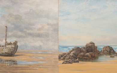English School , (19th century), Barge on Beach; Fishermen on Shore, oil on canvas, 12.2 x 26 in. (31 x 66 cm.), 12 1/2 x 25 1/2 in. (31.8 x 64.8 cm.)