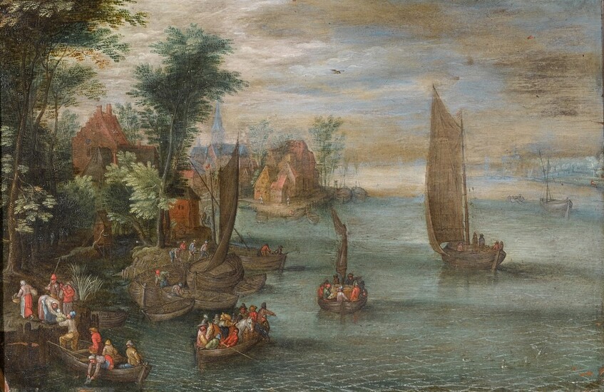FOLLOWER OF JAN BRUEGHEL THE YOUNGER | RIVER LANDSCAPE WITH FIGURES IN BOATS AND A VILLAGE AT THE WATER'S EDGE
