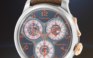 F.P. Journe, An extremely well-preserved and innovative titanium and pink gold chronograph wristwatch with 100th of a second, 20-second and 10-minute registers, semi-skeletonized ruthenium-coated dial, and presentation box, made to commemorate the...