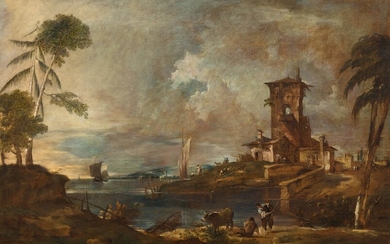 FRANCESCO GUARDI(1712 Venise 1796)Capriccio vénitien avec une tour, des bergers et des moutons.Huile sur toile....