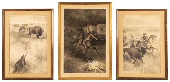 FRANK THAYER MERRILL, Massachusetts, 1848-1923, Three illustrations:, Watercolor and gouaches on paper, 21" x 13.5" sight. Framed 25...