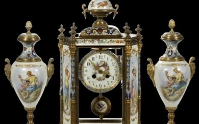 FRENCH SEVRES-STYLE DORE BRONZE AND CHAMPLEVE ENAMEL CLOCK SET