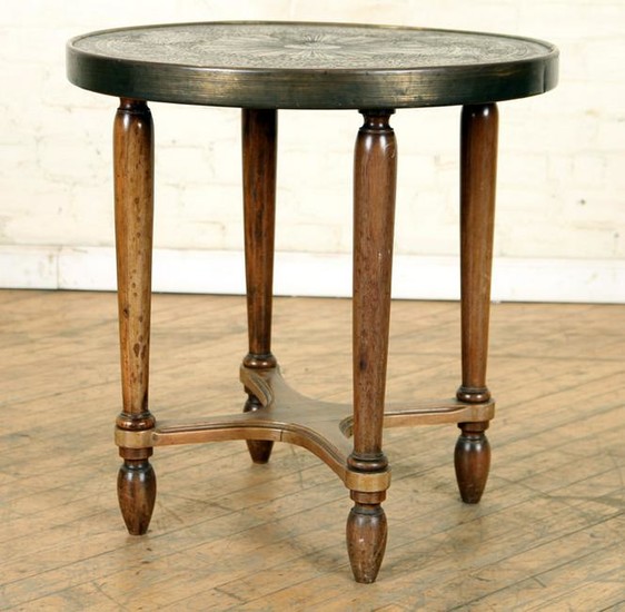 FRENCH WALNUT OCCASIONAL TABLE EMBOSSED BRASS TOP