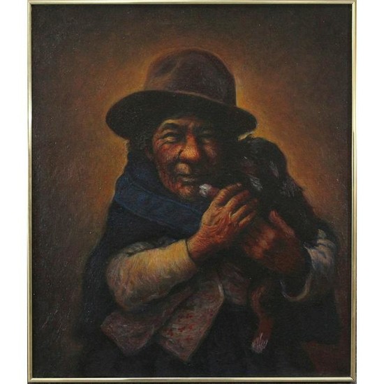Fine 20th C Oil/c Mexican Man Wearing Hat Holding Cigar