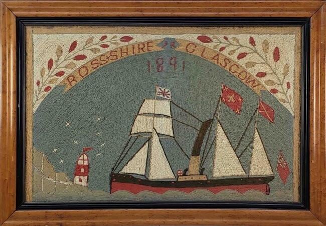Fine Antique British Sailorâ€™s Woolie Portrait of the Sailing Vessel, â€œRoss-Shire”, Glasgow