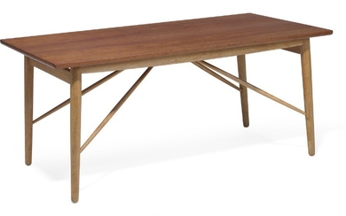 Finn Juhl: Rare coffee table with teak top, oak frame with stretchers. Made by Søren Willadsen.