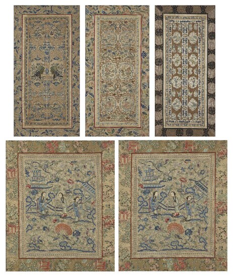 Five Chinese silk embroidered panels, c.1900, to include a pair decorated with ladies in a garden landscape, 41 x 34cm, in glazed frames (5)