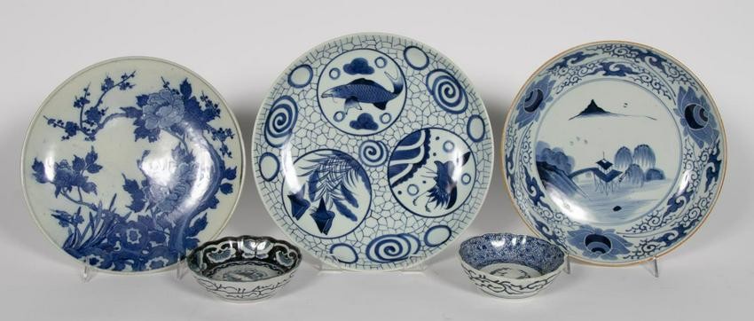 Five East Asian, Blue and White Porcelain Bowls