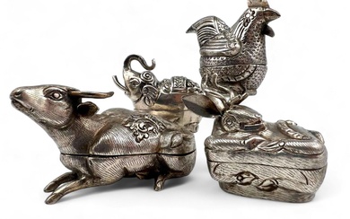 Four Older Cambodian Silver Figural Animal Betel Nut Boxes