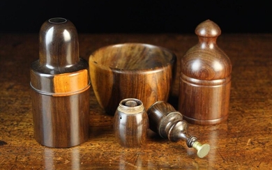 Four Pieces of Treen: A 19th Century Turned Lignum Apothecary Bottle Case with screw on lid 4¾'' (12