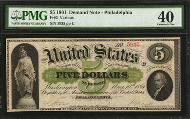 Fr. 2. 1861 $5 Demand Note. PMG Extremely Fine 40.