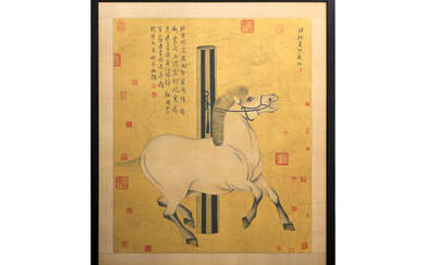 Framed Chinese painting : "Tied horse" with poem - 90 x 76 marked prov : collection "Jeannette Jongen" (Schleiper) ||framed Chinese "small horse" painting (with poem) - marked former collection of Jeanette Jongen (Schleiper)