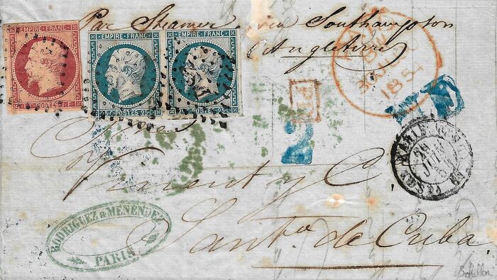 France 1853 - Very rare Empire, 1 franc carmine and 25 centimes, in pair on letter bound for Cuba. - Yvert 18-15