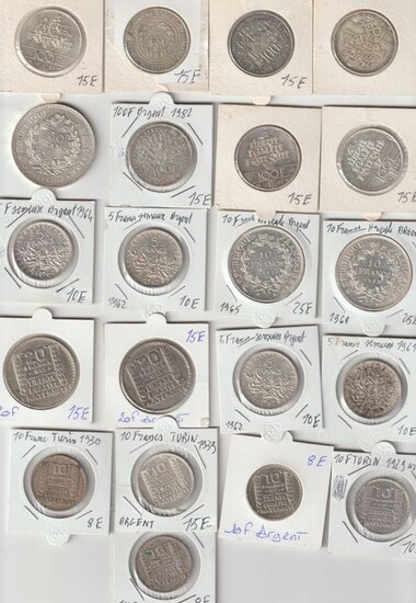 France. Lot de 21 monnaies en argent (5 Francs à 100 Francs) 1929/1990