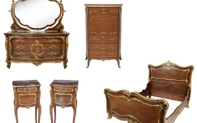 Francois Linke Signed Louis XV Style Bronze Dore Mounted Mahogany Bedroom Suite