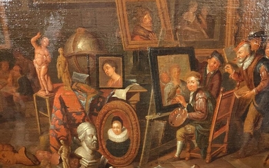 Frans Francken il Giovane (1581-1642) - Seguace di - "L'atelier dell'artista" o "Wunderkammer"