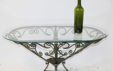 French Art Deco wrought iron cocktail table with glass