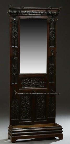 French Carved Oak Gothic Revival Hall Tree, late 19th