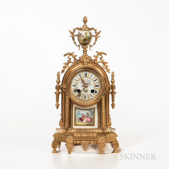 French Louis XVI-style Gilt and Enameled Mantel Clock
