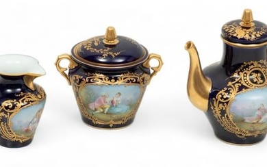 French Painted Porcelain Tea Set, Raised Gilding, Ca. 1900, H 6.25" W 4.5" L 6" 3 pcs