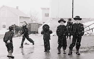 GEORGE A. TICE (1938- ) Amish Children Playing in Snow, Lancaster, Pennsylvania.